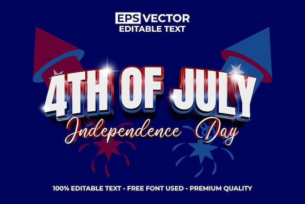 Día de la Independencia de Estados Unidos 4 de julio Estilo 3D brillante Efecto de texto editable con fuegos artificiales