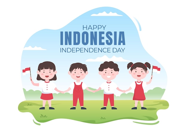 Día de la Independencia de Indonesia el 17 de agosto con juegos tradicionales y bandera roja ilustración blanca