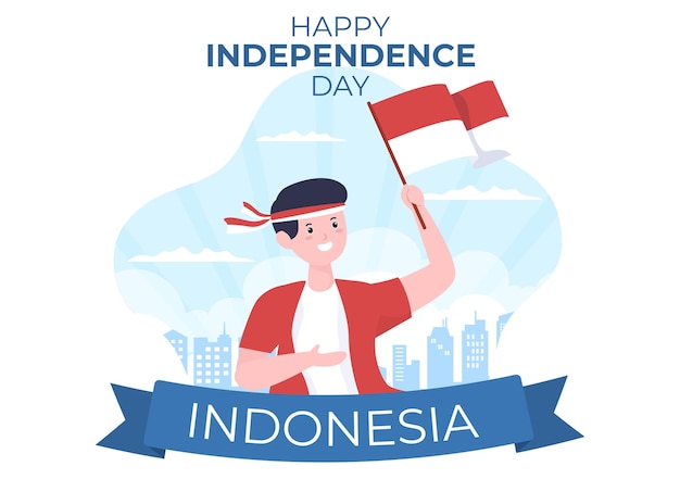 Día de la Independencia de Indonesia el 17 de agosto con juegos tradicionales y bandera roja ilustración blanca