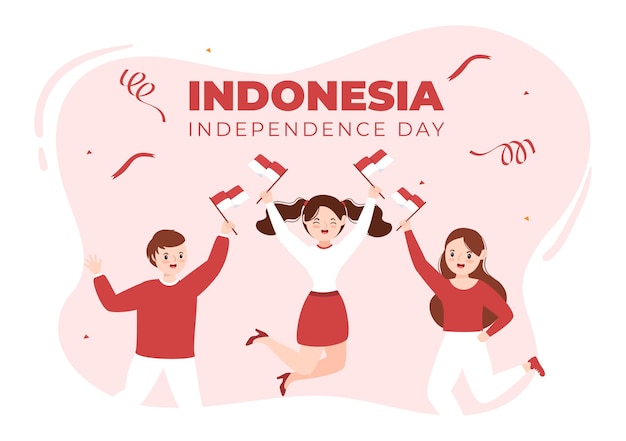 Día de la Independencia de Indonesia el 17 de agosto con juegos tradicionales y bandera roja ilustración blanca