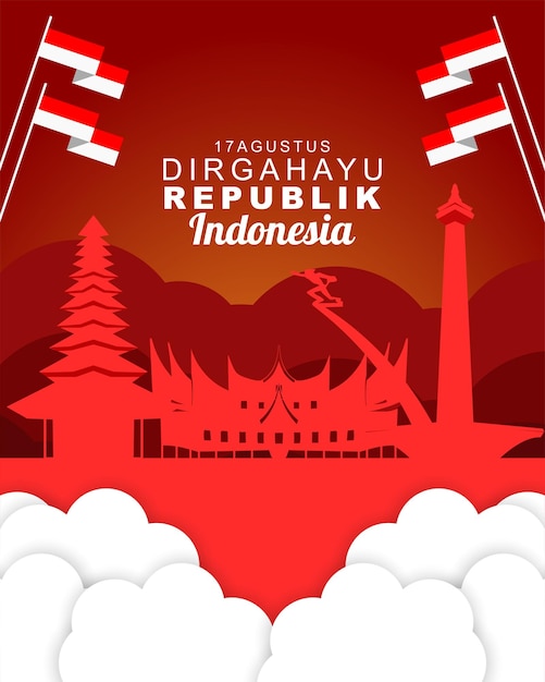 Vector día de la independencia de indonesia el 17 de agosto tarjeta de felicitación y pancarta y póster de publicación en redes sociales