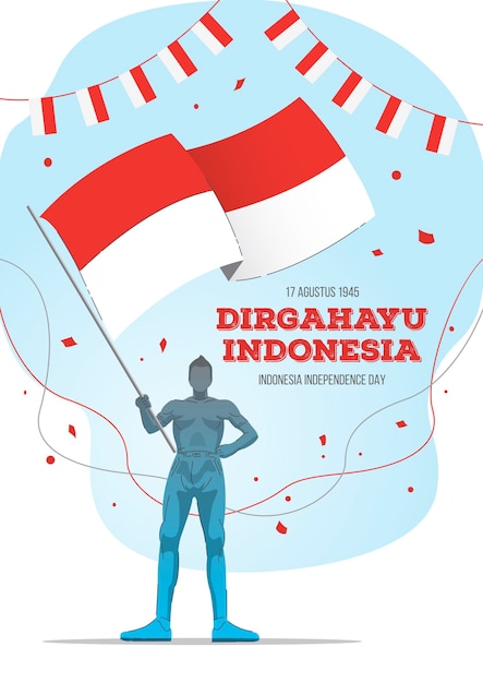 Día de la independencia de indonesia con un hombre que sostiene la bandera nacional de indonesia. dirgahayu indonesia se traduce en feliz día de indonesia