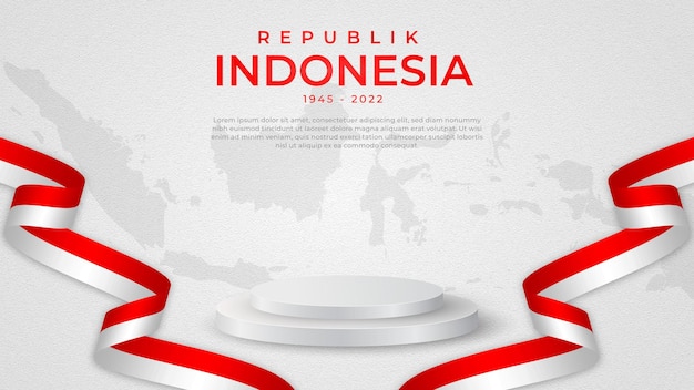 Día de la independencia de indonesia con podio y fondo de bandera