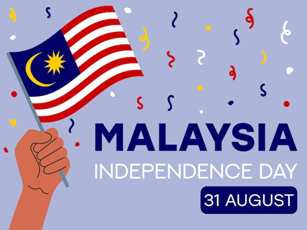 Día de la Independencia de Malasia 31 de agosto Bandera de Malasia en la mano plantilla de cartel de felicitación