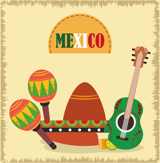 Día de la independencia mexicana, maracas con sombrero de guitarra y trago, celebrado en septiembre ilustración