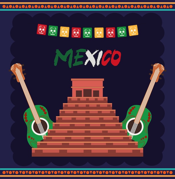 Día de la independencia mexicana, pirámide maya antigua y guitarras, celebrado en septiembre ilustración