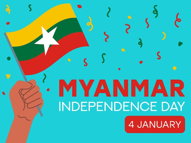 Día de la Independencia de Myanmar 4 de enero Bandera de Myanmar en la mano Template de cartel de felicitación