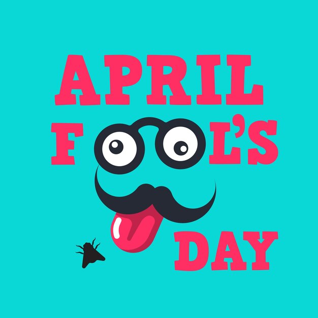 Día de los inocentes Texto colorido con gafas de bigote divertido y lengua Estilo de dibujos animados Diseño plano de ilustración vectorial Aislado sobre fondo blanco Banner de humor Plantilla de comedia