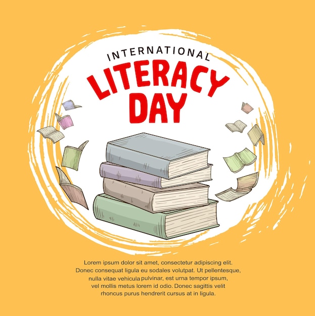 Vector día internacional de la alfabetización con libros coloridos volando aislado sobre fondo amarillo para cartel