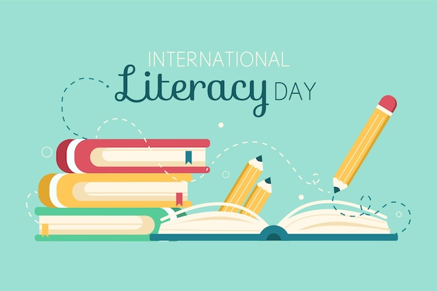 Día internacional de la alfabetización con libros y lápiz.