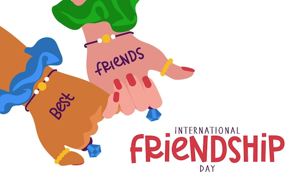 Día Internacional de la Amistad Dos amigos con las mismas joyas tomados de la mano demuestran unidad