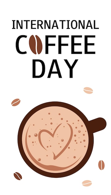 Día Internacional del Café 1 de octubre Estandarte vertical con taza de café y frijoles