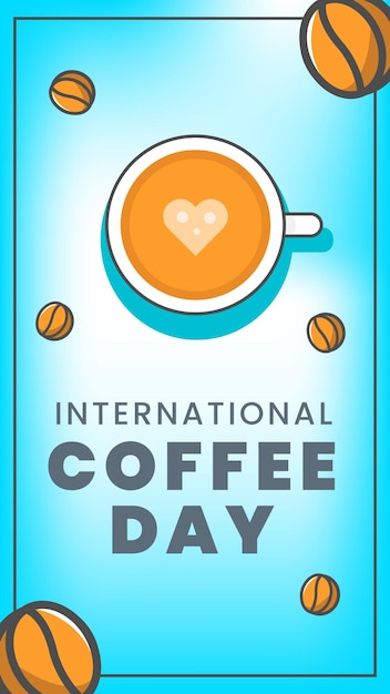 Vector día internacional del café de diseño plano con historias de taza y café de semilla