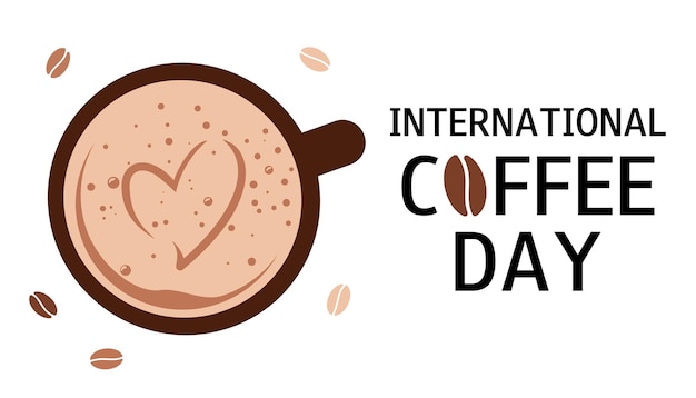 Vector día internacional del café estandarte horizontal con una taza de café para el cartel de felicitaciones