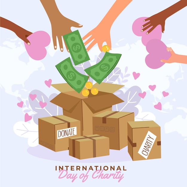 Día internacional de caridad con dinero y cajas.