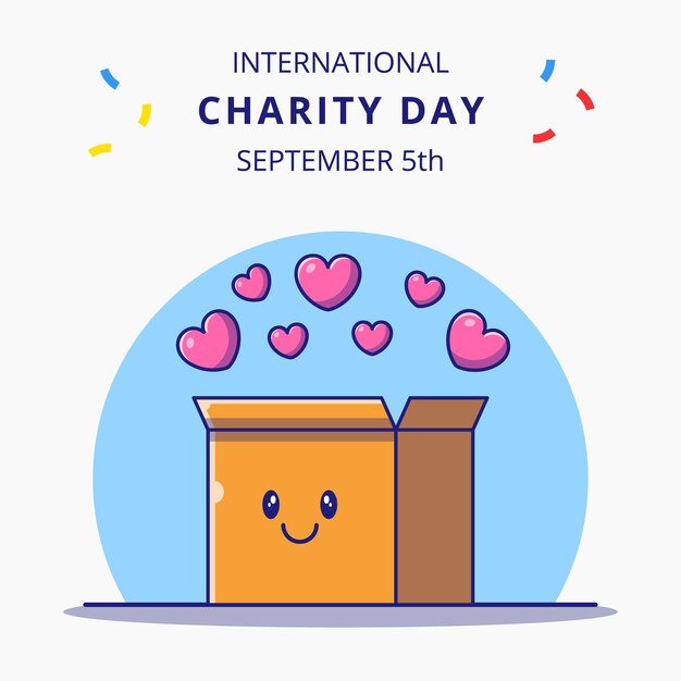 Día Internacional de la Caridad con Linda Caja de Corazones Ilustración de personajes de dibujos animados.