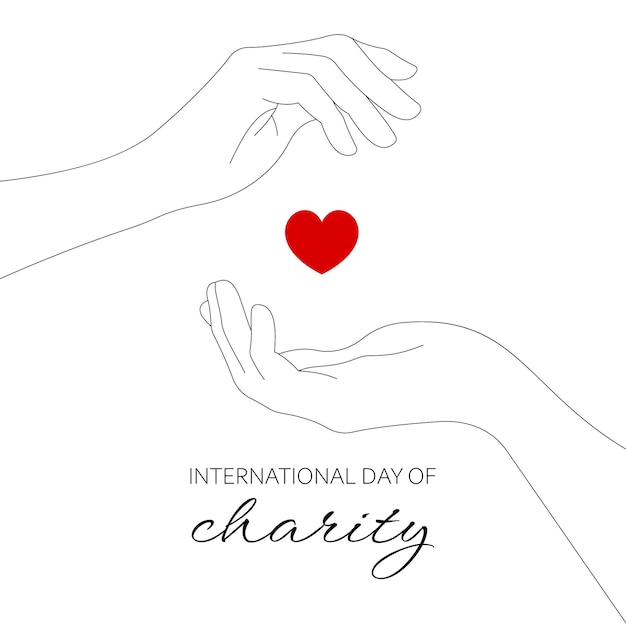 Día Internacional de la Caridad Manos y corazones Arte de línea una línea Vector minimalista dibujado a mano