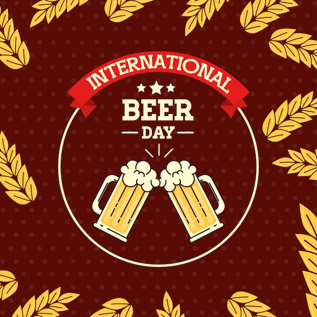 Día internacional de la cerveza, agosto, jarras de cerveza y decoración de espigas