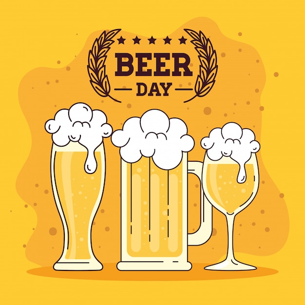 Vector día internacional de la cerveza, agosto, vasos de cervezas.