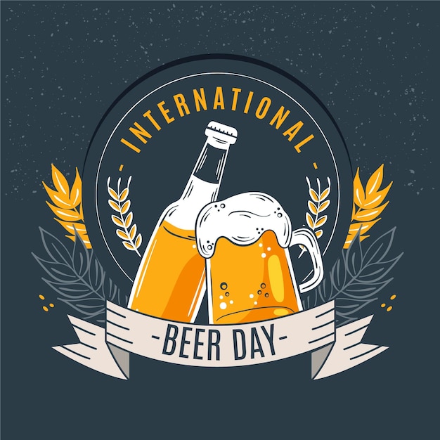 Vector día internacional de la cerveza con pinta y botella.