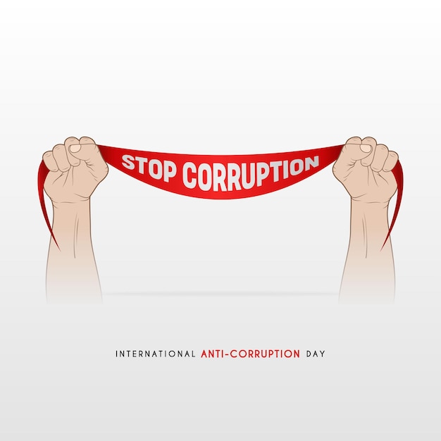 Día Internacional contra la Corrupción con el diseño de dos manos sosteniendo una cinta que dice STOP CORRUPCIÓN