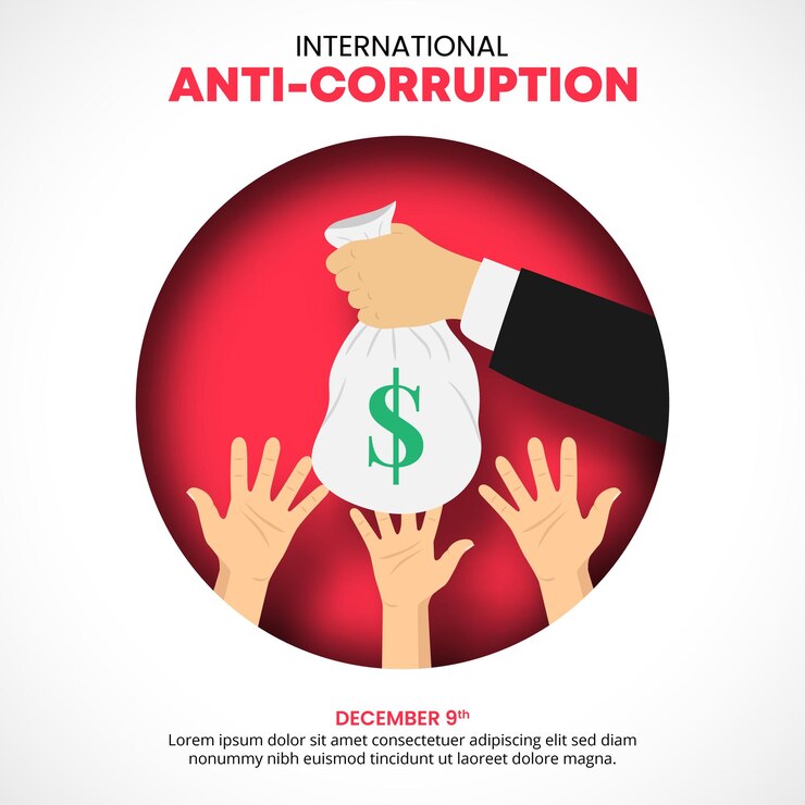 Vector día internacional contra la corrupción con una mano que da dinero a la corrupción