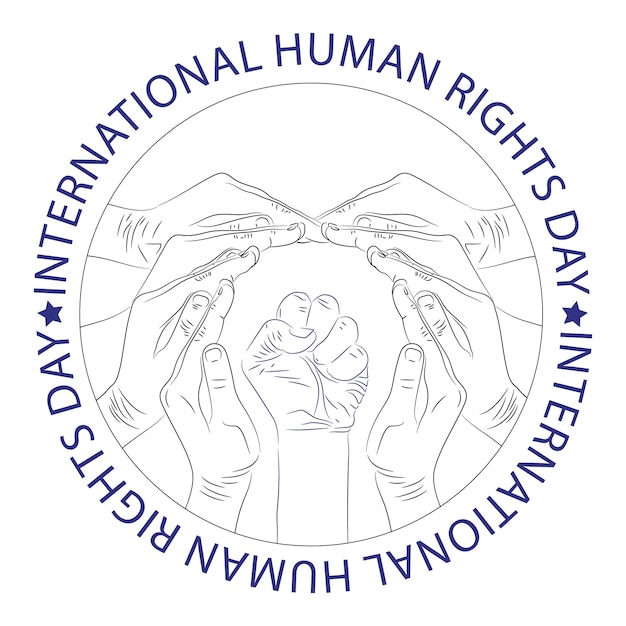 Vector día internacional de los derechos humanos arte lineal dibujado a mano sobre fondo blanco y en forma circular