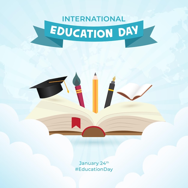 Día Internacional de la Educación 24 de enero con ilustración de libro abierto sobre fondo de rayos de sol