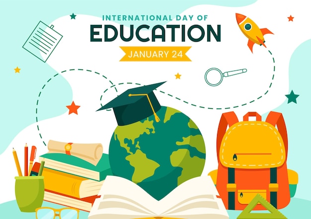 Día Internacional de la Educación Medios sociales Fondo de dibujos animados planos plantillas dibujadas a mano Ilustración