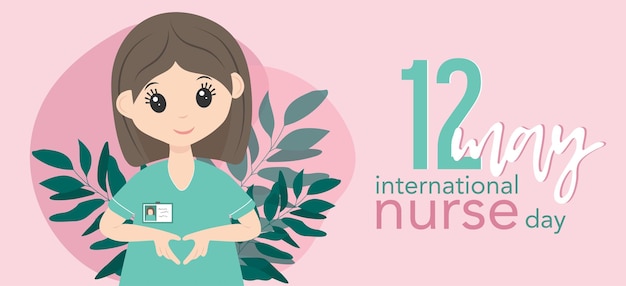 Día internacional de la enfermera 12 de mayo Enfermera feliz en uniforme Colores rosa y menta Pancarta con letras Haz que un corazón cante con las manos