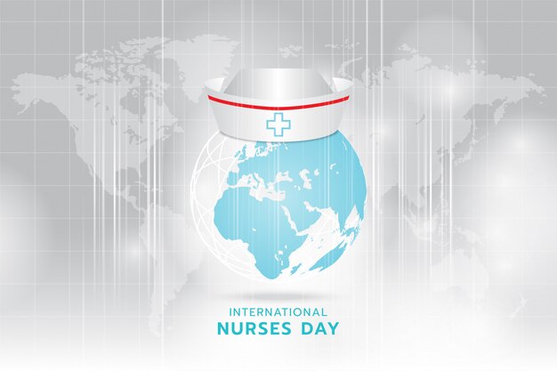 Día internacional de la enfermera: imagen generada gorro de enfermera en la tierra imagen cian de gris claro y rayas que se mueven rápidamente sobre fondo gris claro del mapa mundial.