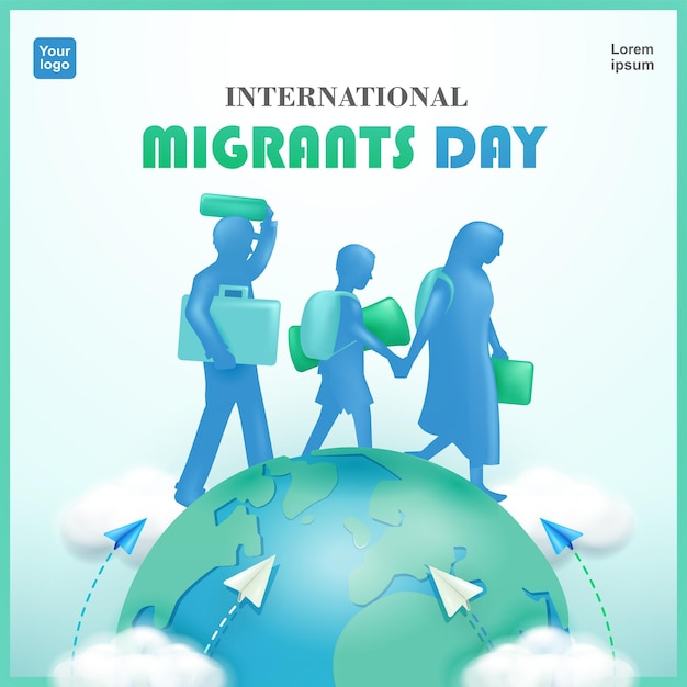 Vector día internacional del migrante la familia migra debido al cambio climático, la guerra y los problemas políticos 3d