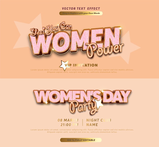Día Internacional de la Mujer 8 de marzo Efecto de texto editable Estampa de dibujos animados 3D estilo vector premium Imprime