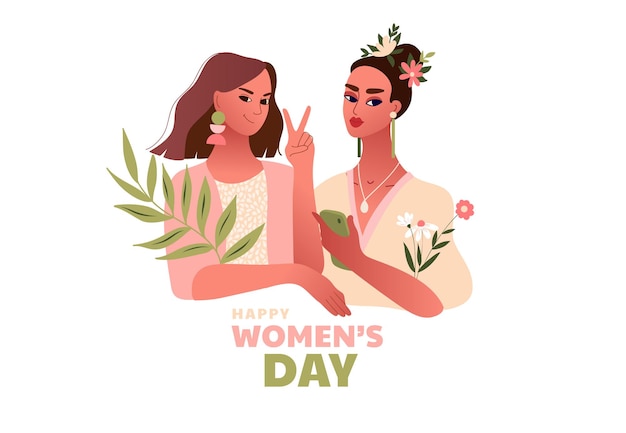 Vector dia internacional de la mujer. 8 de marzo. mujeres felices fuertes haciendo gesto de victoria. plantilla con mujeres hermosas