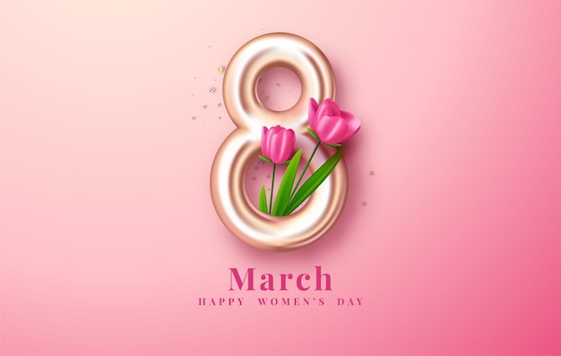 Día internacional de la mujer 8 de marzo con números dorados brillantes y lindas flores.