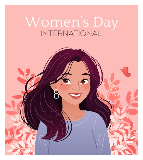 Día Internacional de la Mujer 8 de marzo Retrato de mujer de dibujos animados con hierbas Joven hermosa