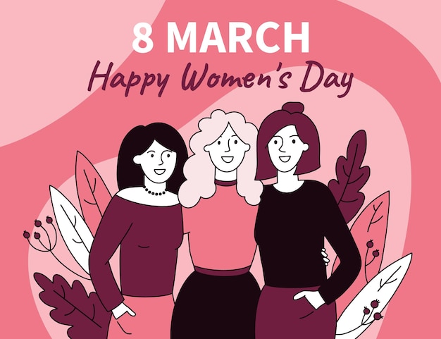 Día internacional de la mujer el 8 de marzo con tres mujeres ilustración.
