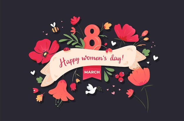 Vector día internacional de la mujer con amapolas y ramo de tulipanes.