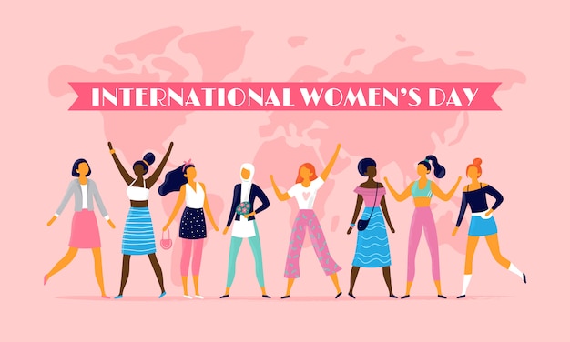 Día internacional de la mujer, celebrando el 8 de marzo, comunidad de hermandad y piso femenino multinacional