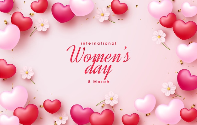 Día internacional de la mujer con coloridos globos de amor.