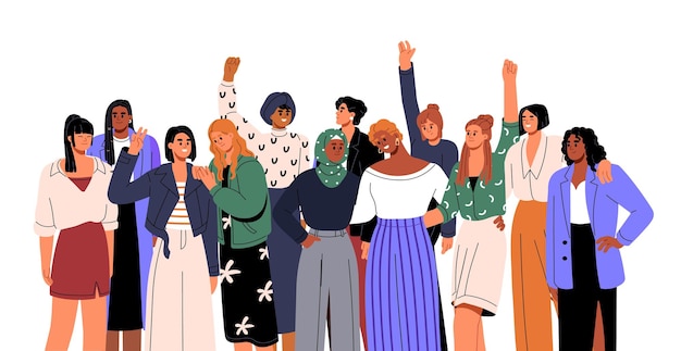 Día Internacional de la Mujer Grupos femeninos apoyan a las feministas Diferentes niñas felices se mantienen juntas Comunidad igualitaria y hermandad multiétnica moderna Ilustración vectorial aislada plana sobre fondo blanco