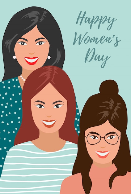 Día internacional de la mujer. ilustración de mujeres sonrientes.