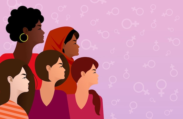 Día Internacional de la Mujer Ilustración vectorial de cinco mujeres diversas sonrientes felices de pie juntas