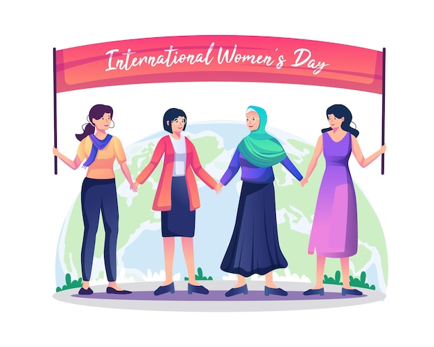 Vector día internacional de la mujer con mujeres diversas felices de pie juntas cogidas de la mano ilustración