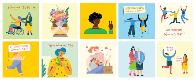 Día Internacional de la Mujer Mujeres en el liderazgo empoderamiento de la mujer conceptos de igualdad de género Multitud de mujeres de diversas edades, razas y ocupación Banner horizontal vectorial
