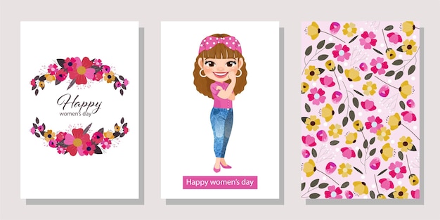 Día Internacional de la Mujer con Pretty Woman Standing y Flowers Background Plantillas vectoriales para carteles de tarjetas y otros usuarios