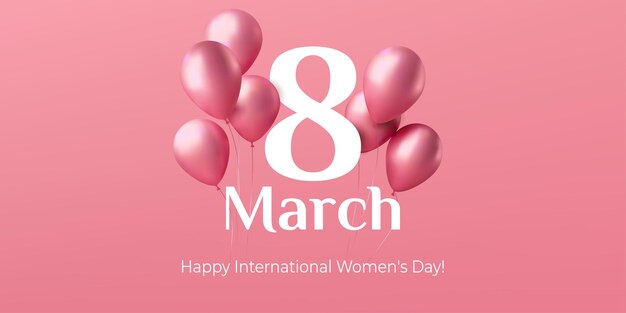 Un Día Internacional de la Mujer rosado el 8 de marzo con tarjetas de felicitación de globos en 3D