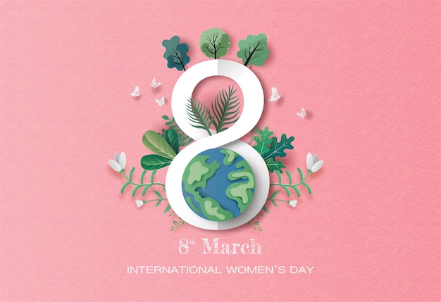 Día Internacional de la Mujer, la tierra con el número 8 y el fondo de las plantas en la ilustración de papel, papel.