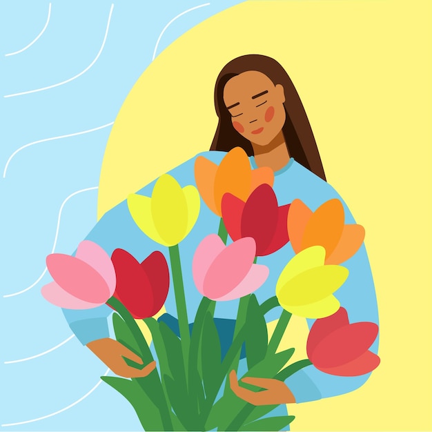Día Internacional de la Mujer. Vacaciones de primavera el 8 de marzo. Ramo de tulipanes. Ilustración vectorial plana.