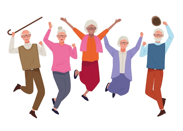 Vector día internacional de las personas mayores con ancianos saltando celebrando